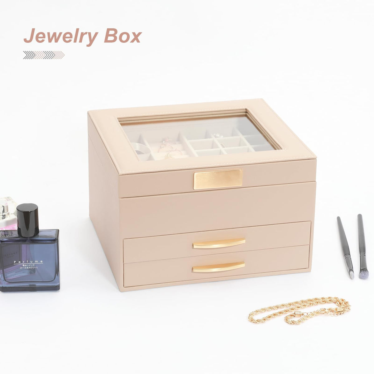 Jewelry Organizer Box with Glass Lid, 3-Tier Necklace and Earring Storage
