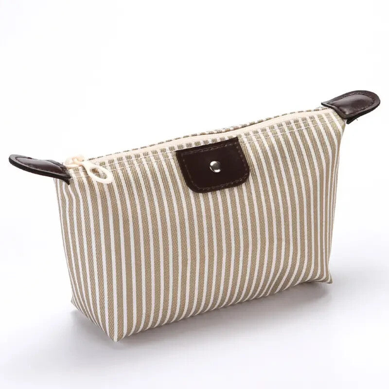 Large Foldable Waterproof Makeup Travel Bag - Khaki Striped Cosmetic Organizer