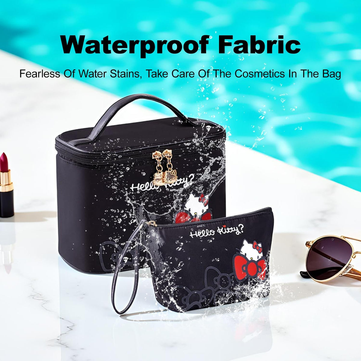 Large Waterproof Travel Makeup Bag Set with Matching Wrist Pouch - Black 2PCS