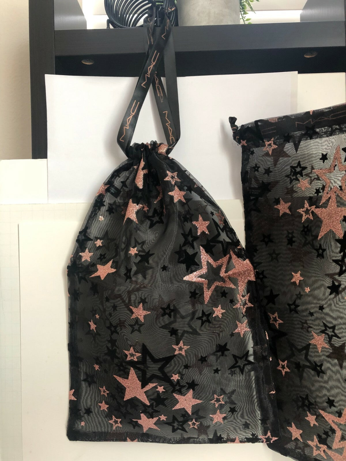 2x Mac Black Rose Gold Pentagram Pattern Large Pouch with Drawstring