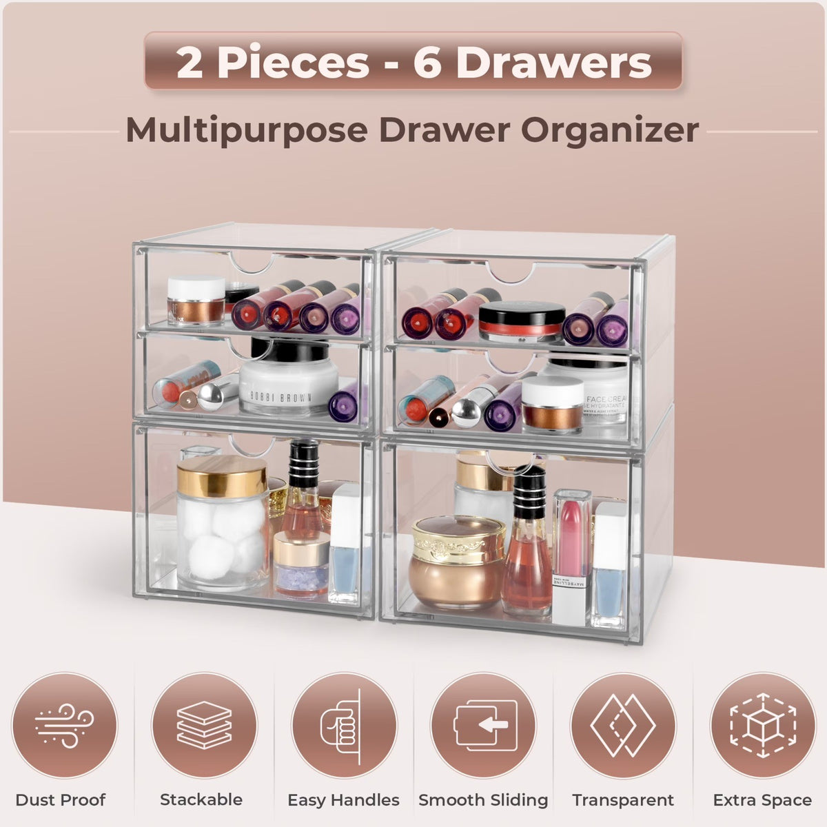 2-Pack Transparent Cosmetic Storage Bins for Makeup Jewelry & Skincare