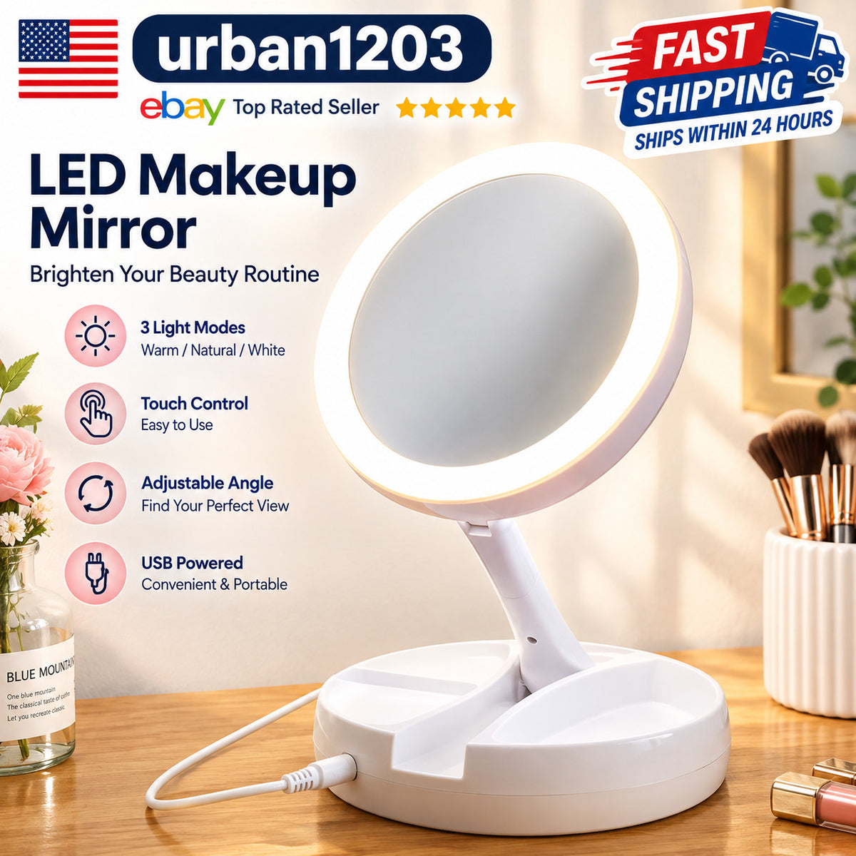1X/10X Lighted Vanity Mirror — Foldable Tabletop Makeup Mirror with 360° Rotation