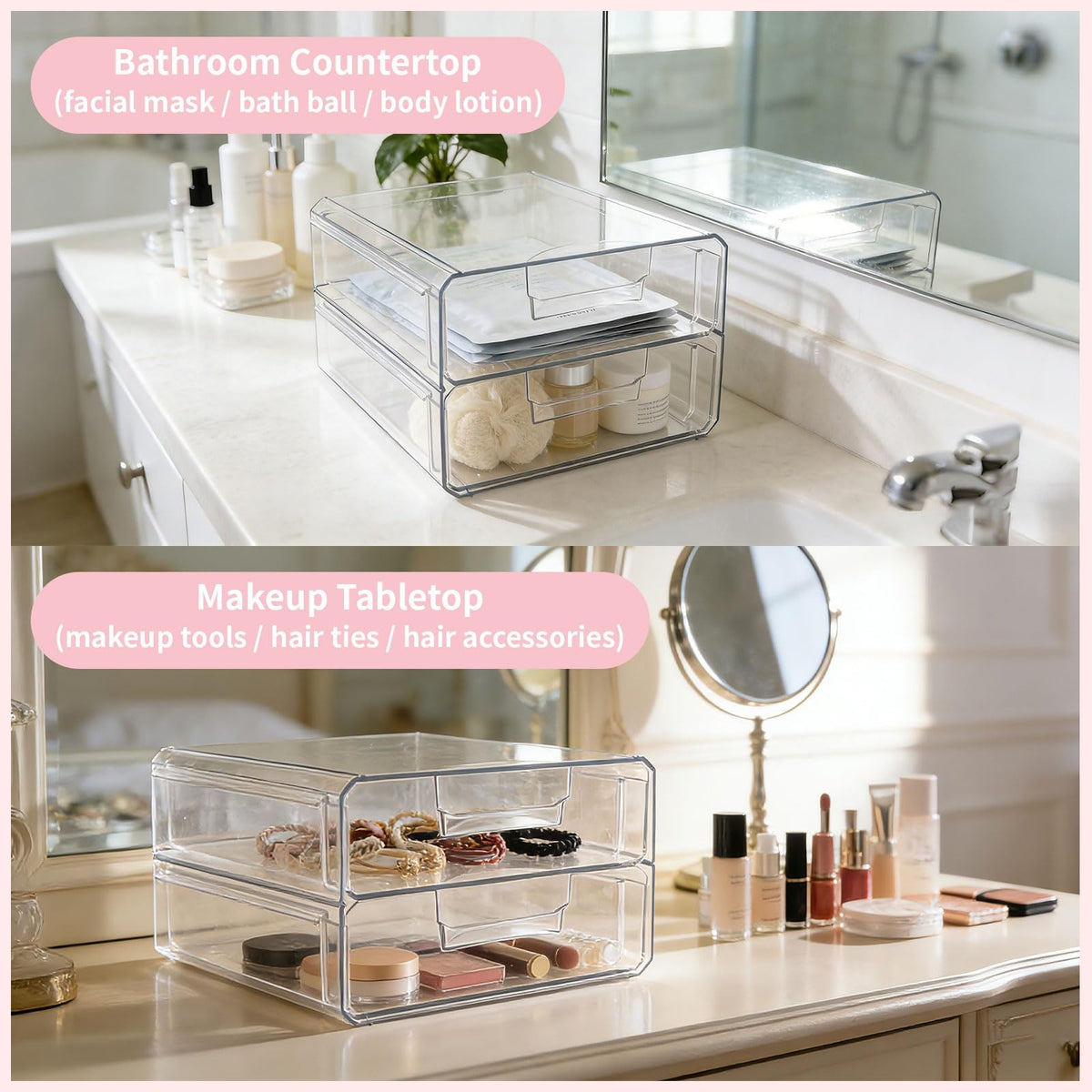 Acrylic Stackable Storage Drawers - Clear Makeup Organizer and Home Storage