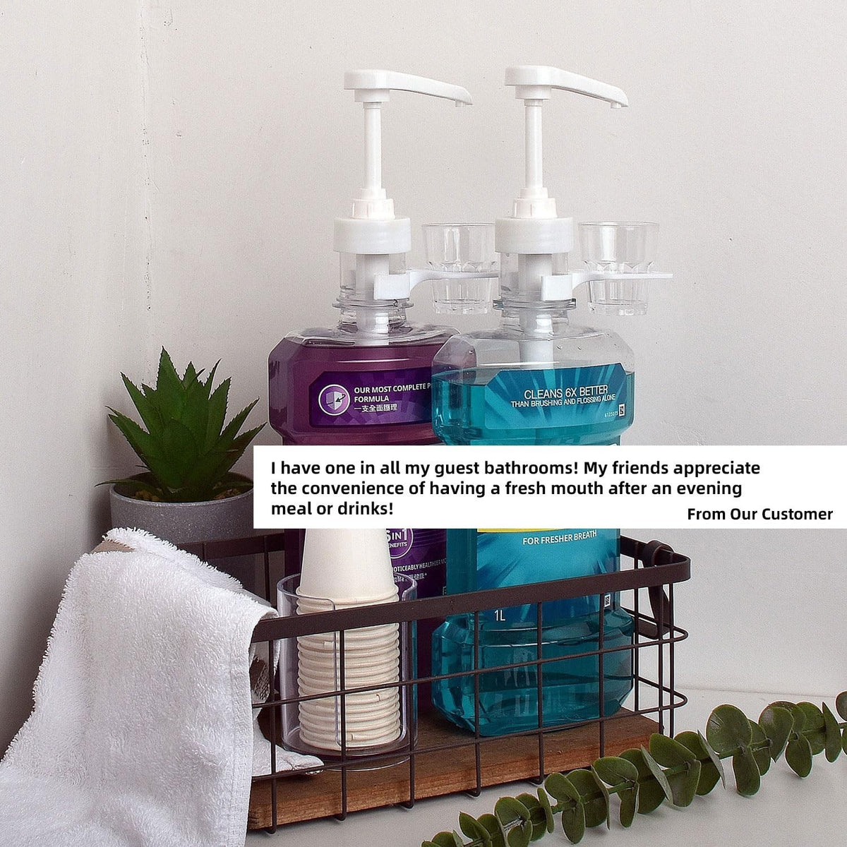 Mouthwash Dispenser Pumps for 1.5L Bottles with Cup Holders - Reusable & BPA-Free