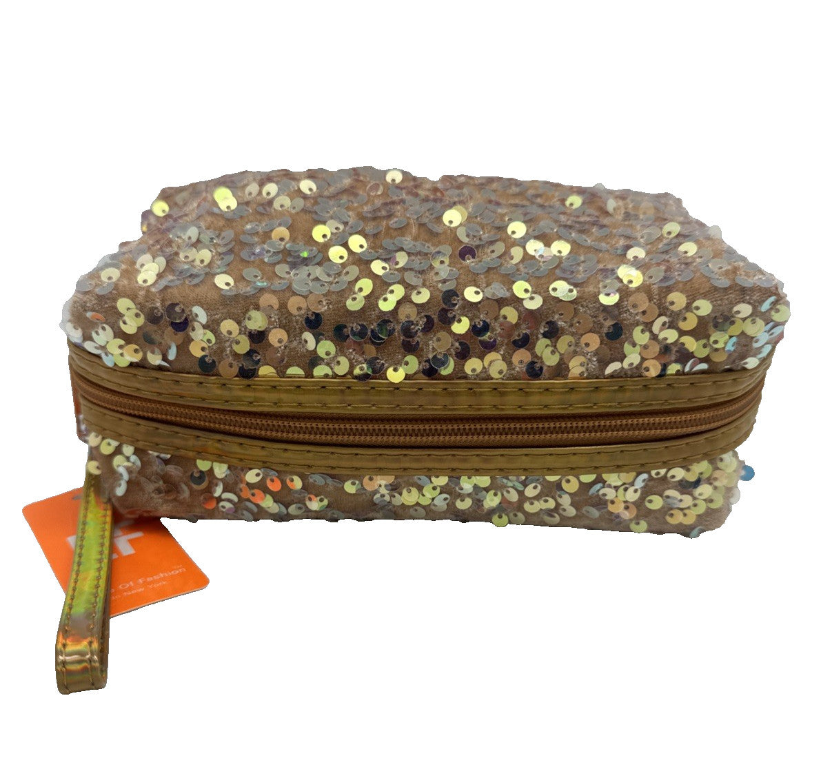 Gold Sequin Makeup Bag - Cosmetic Pouch with Zipper & Carrying Strap