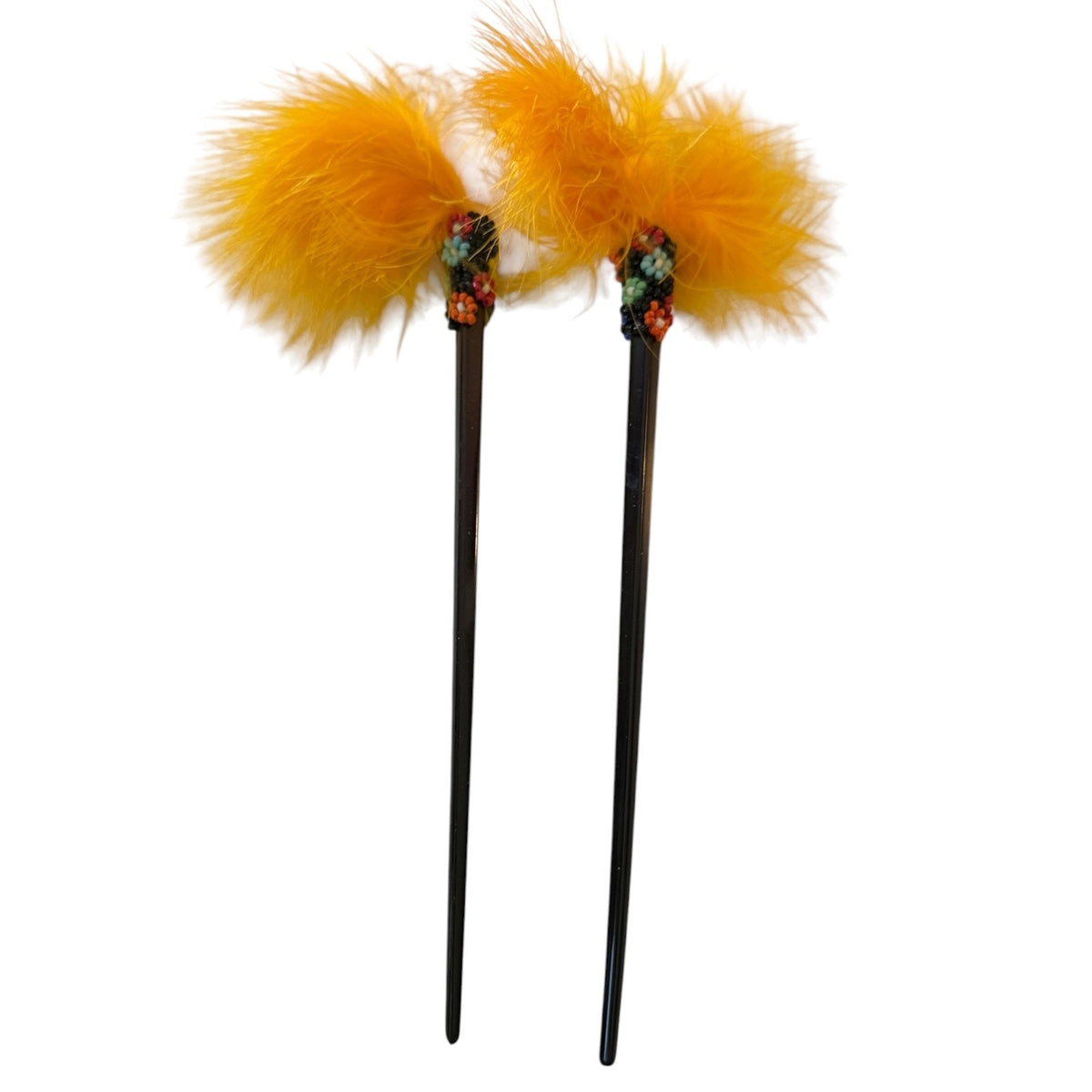 Light Orange Feather Beaded Black Chopstick Hair Sticks Set