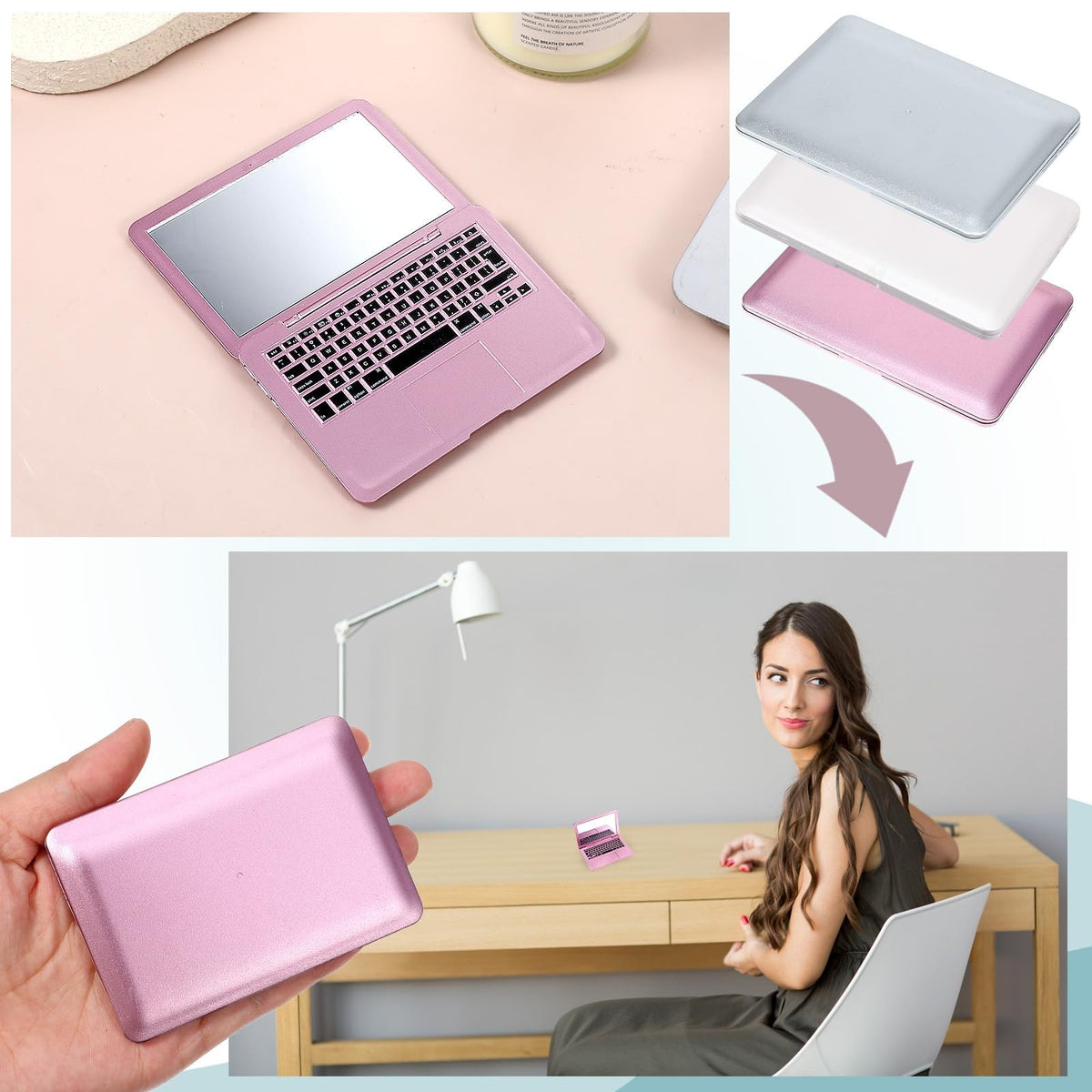 Mini Laptop Mirror Set - 3 Compact Foldable Makeup Mirrors with Keyboard Design