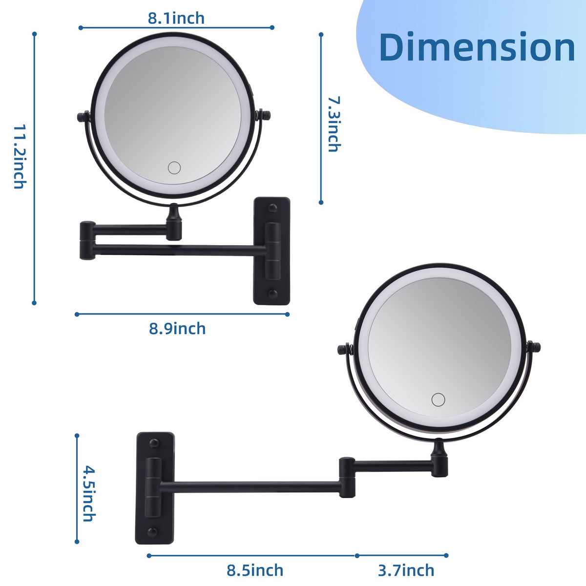 Rechargeable LED Wall Mounted Makeup Mirror with 3 Color Lights 8-inch 10X Magnification