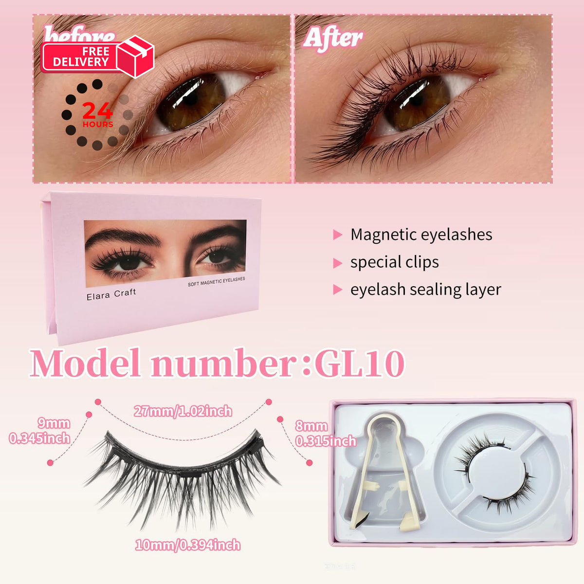 Magnetic False Eyelashes with Applicator - Natural 3D Fluffy Look, Pack of 1