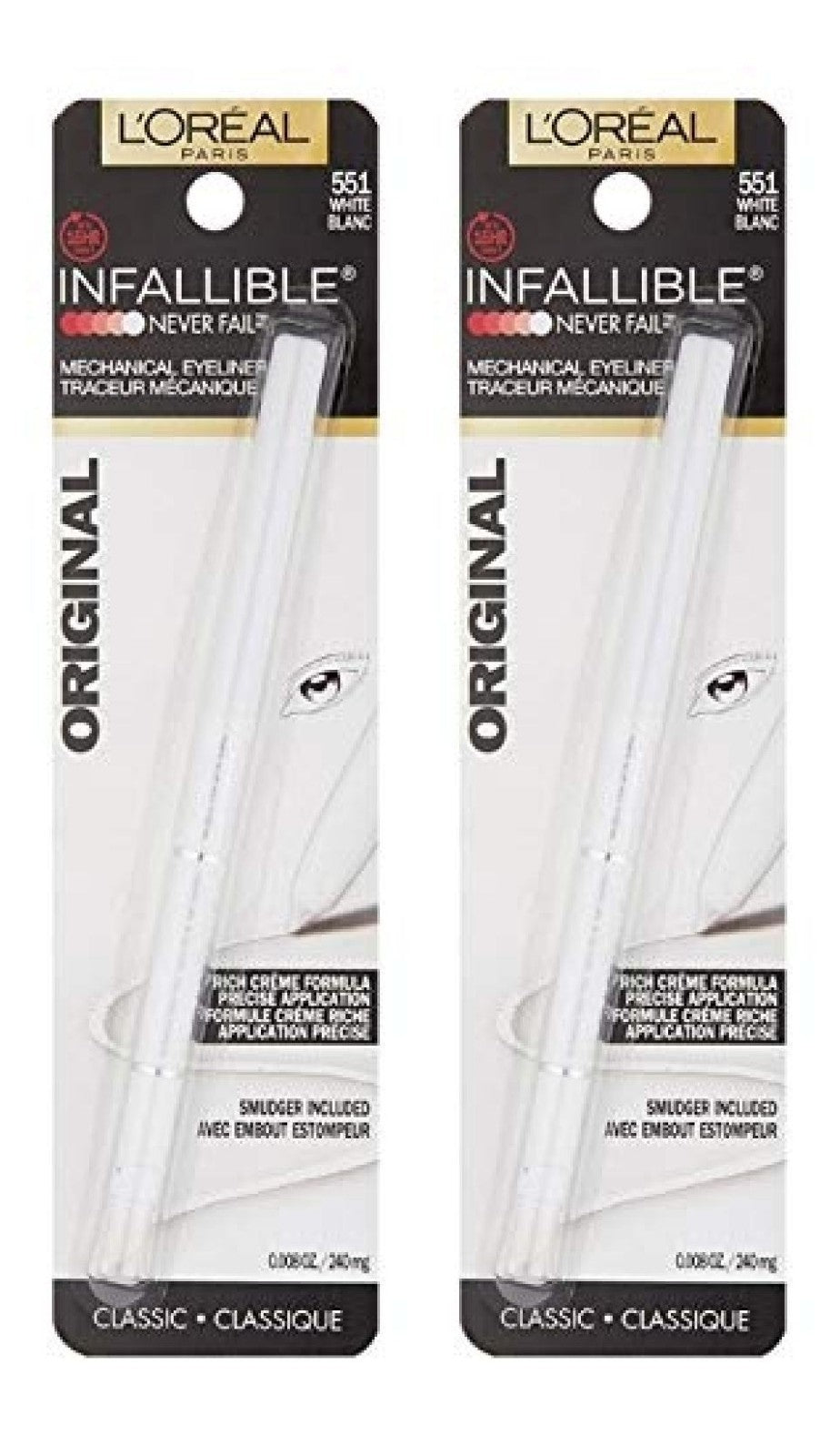 White Eyeliner Pencil Set - 2 Pack, Smudger Tip, Long-Lasting Makeup