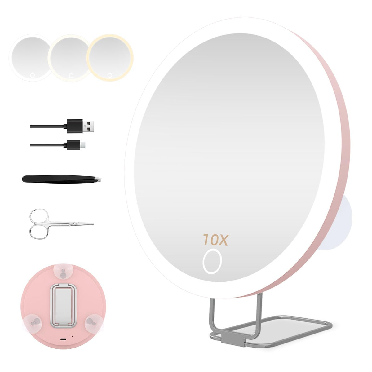 Lighted 6-Inch Magnifying Makeup Mirror with Suction Cups & Table Stand - 30X Zoom, Dimmable LED, Rechargeable for Travel & Home