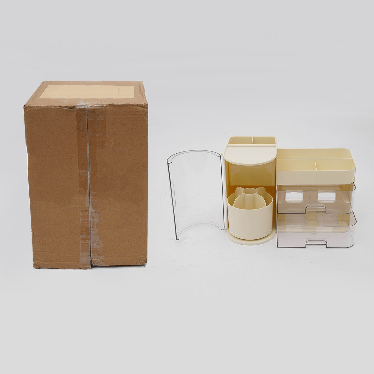 Rotating Makeup Organizer with Drawers and Brush Holder - Clear PP Storage
