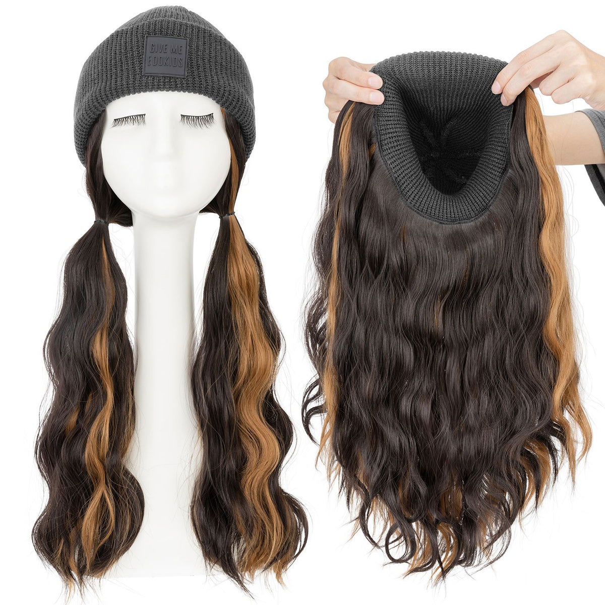 Winter Knitted Beanie Wig with Long Wavy Synthetic Hair - One Size Fits All