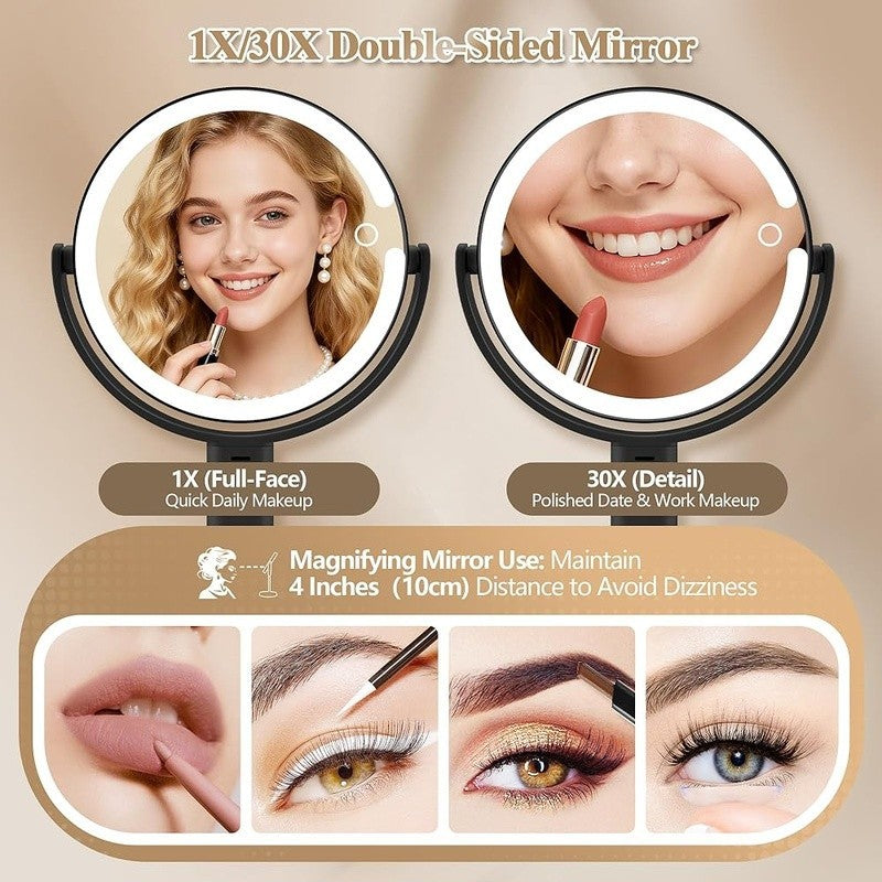 Lighted Makeup Mirror with 30X Magnification and Adjustable Brightness - 360° Rotation
