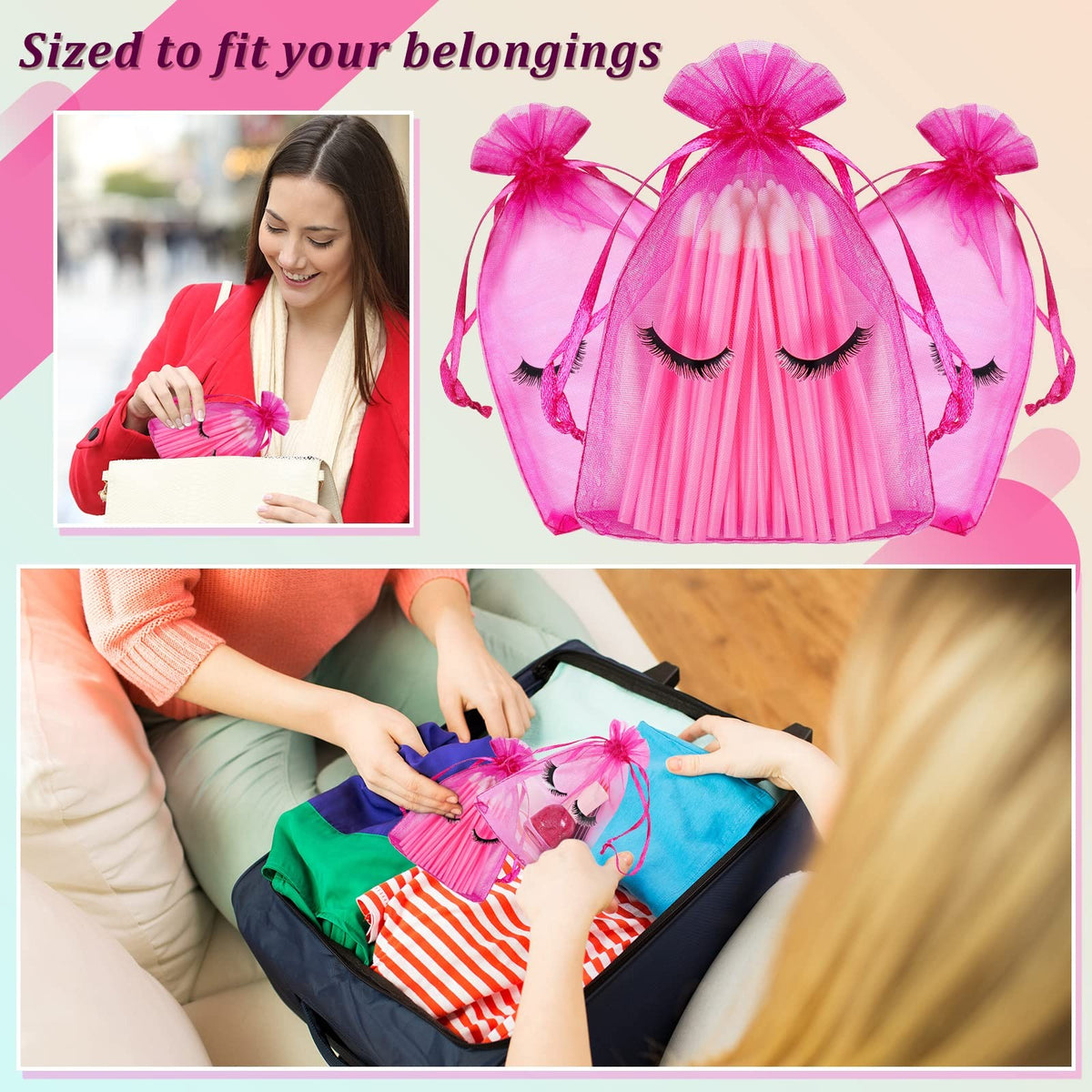 Eyelash Aftercare Bags 100 Pcs Organza 4 x 6 Inches Pink Storage Pouches