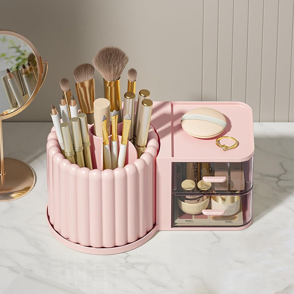 Rotating Makeup Brush Organizer with 2 Drawers - 9.25x5.11 Inch
