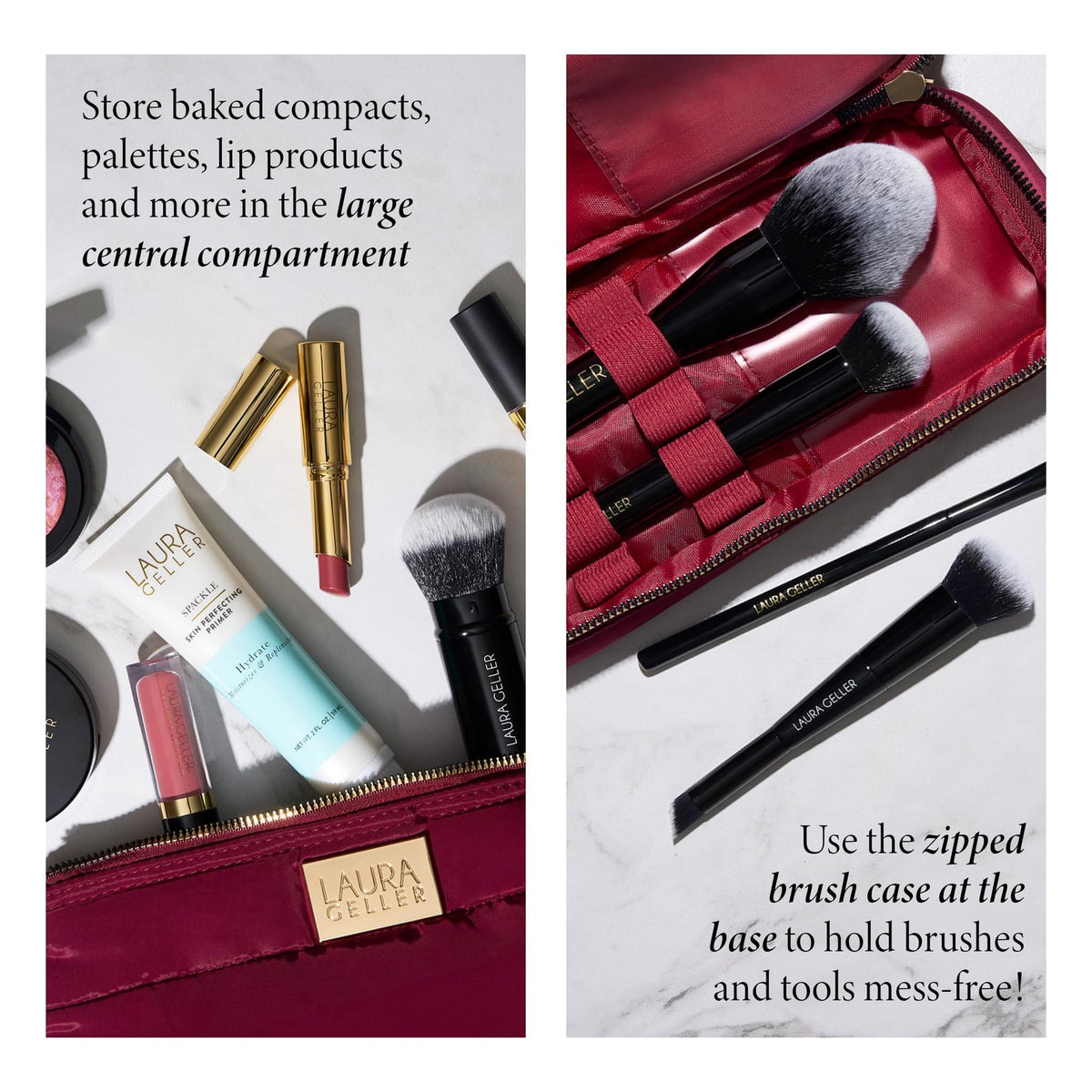 Quilted Makeup Bag with Brush Case - Burgundy Toiletry Organizer