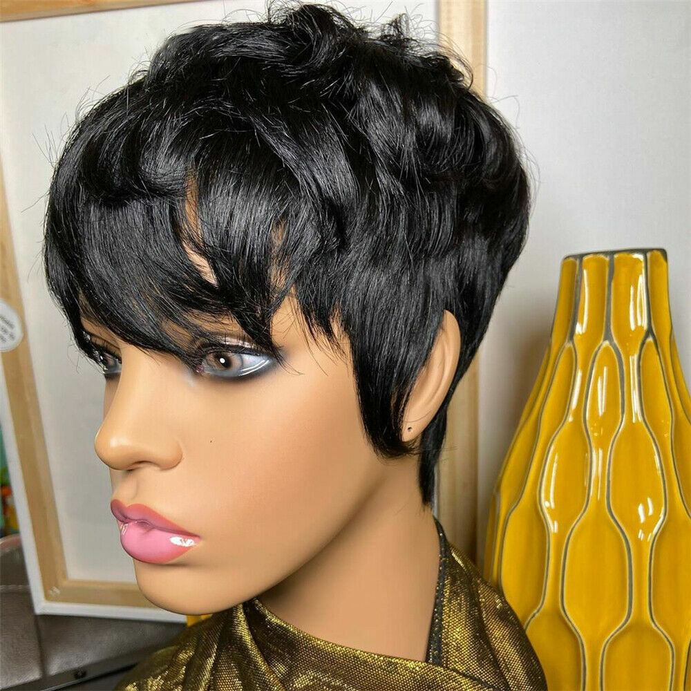 Black Pixie Cut Wig - Straight Human Hair Daily Wear Full Wig for Cosplay and Fashion
