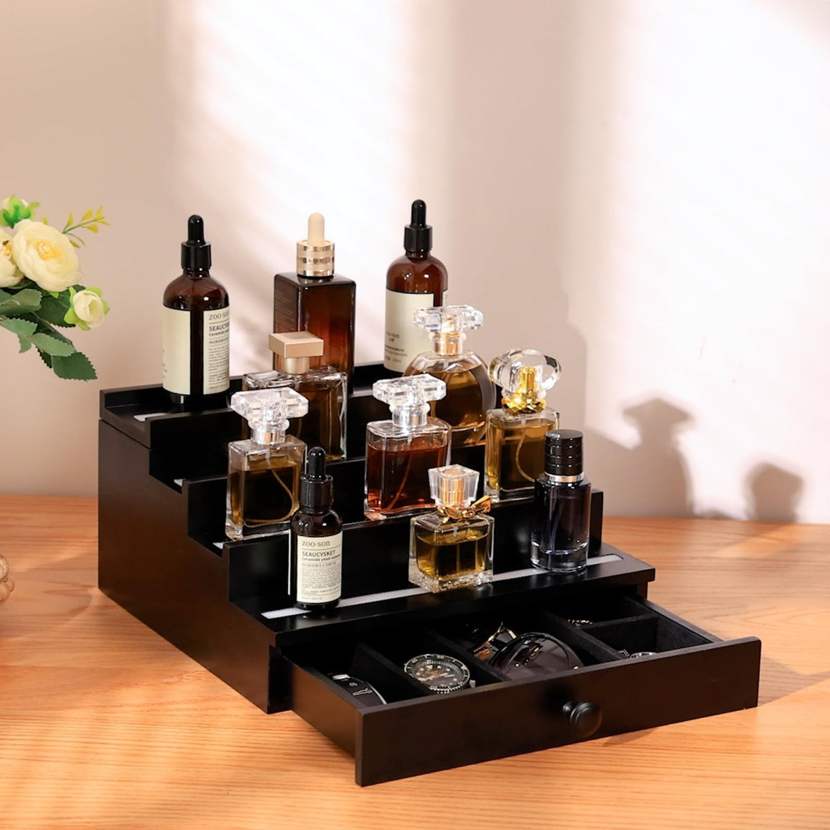 LED Lighted Perfume Organizer for Men with Remote Control and Drawer
