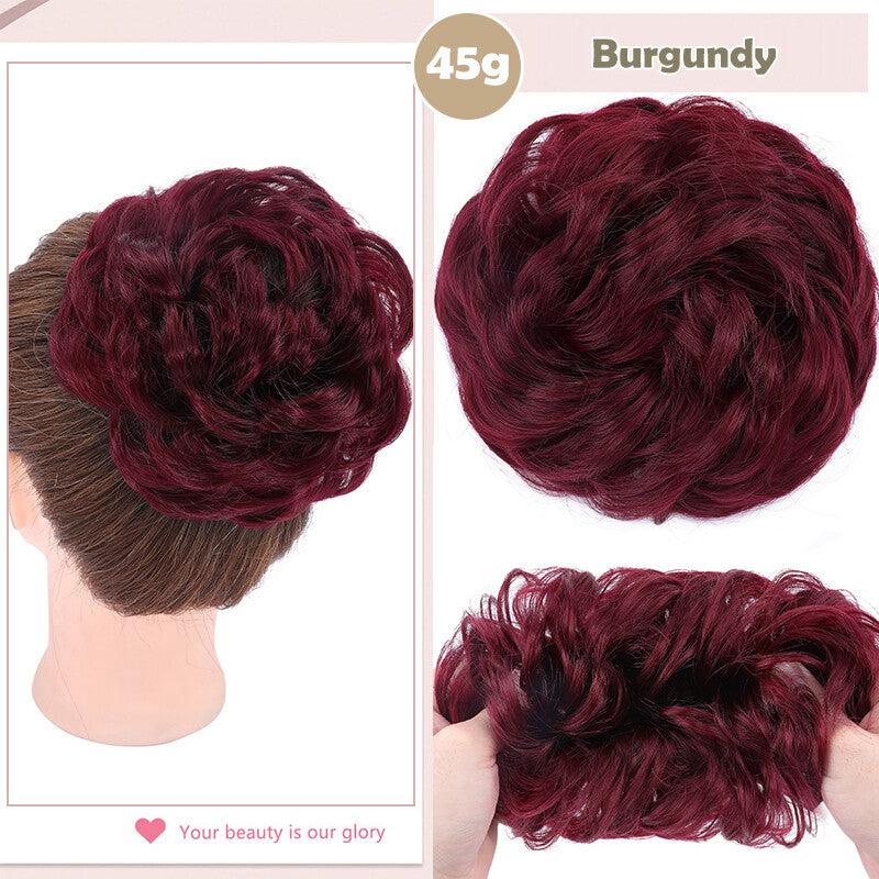 Natural Human Hair Messy Bun Ponytail Extensions with Curly Scrunchie Updo