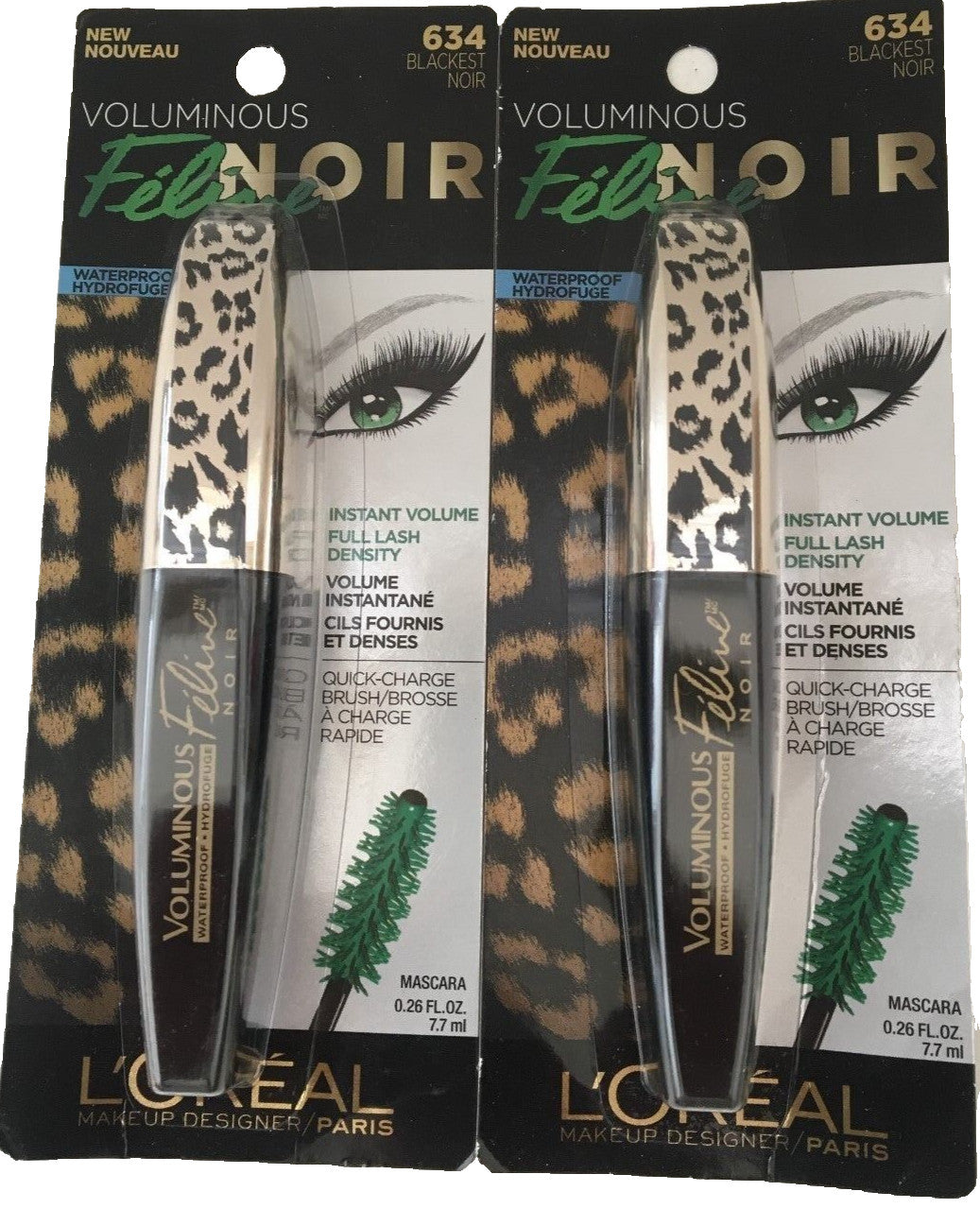 L'Oréal Voluminous Feline Noir Waterproof Mascara 634 Blackest - Bundle of 2