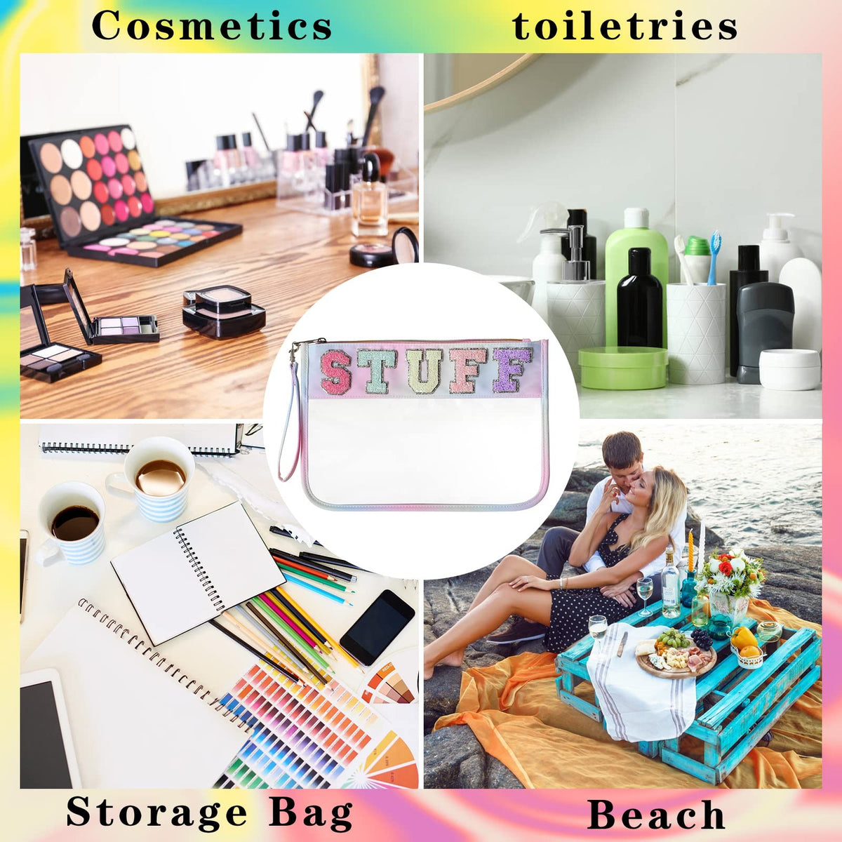 Clear Nylon Travel Makeup Bag with Chenille Letter Zipper Pouch 11.8x8.2 Inch