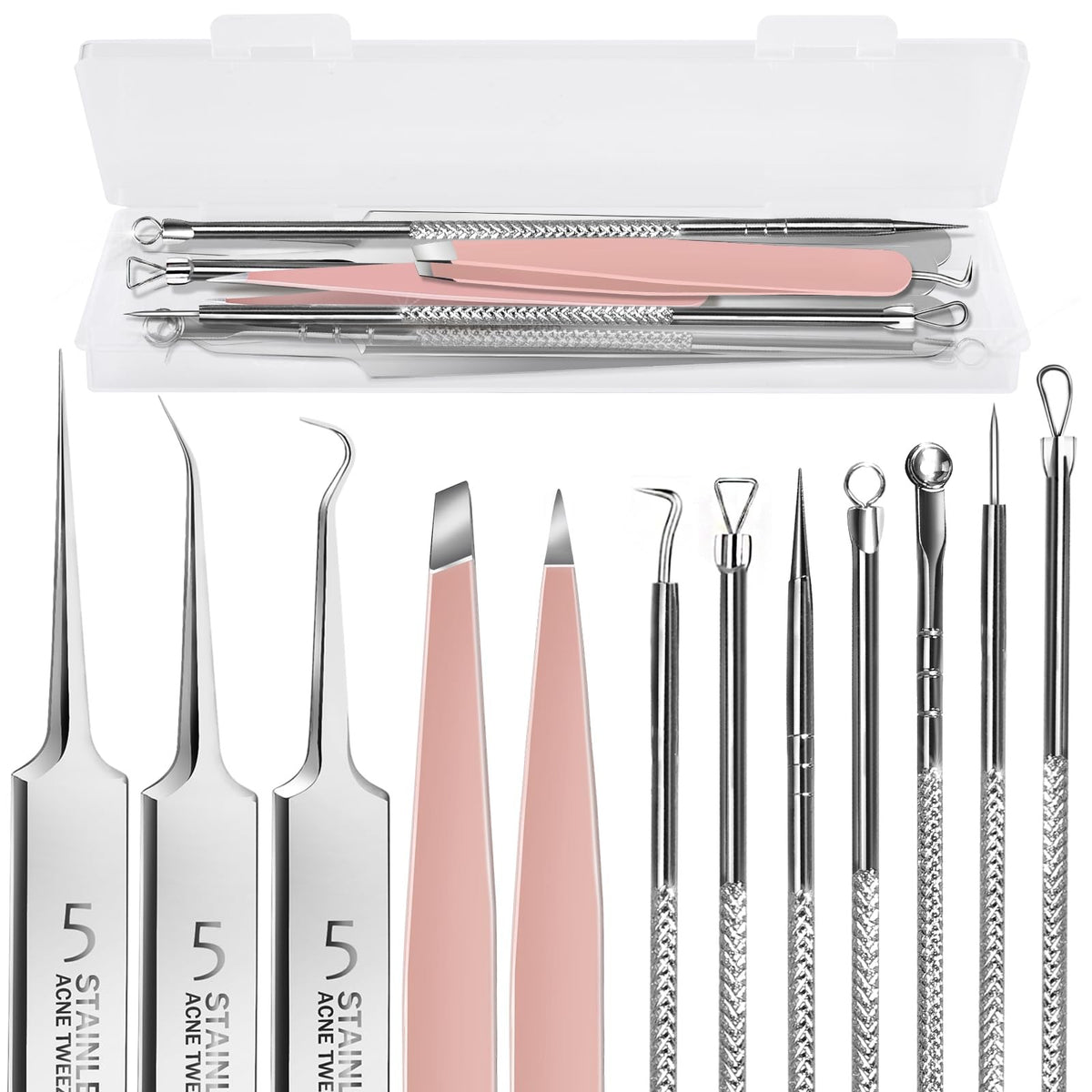 Professional Blackhead Tweezers Pimple Extractor Kit - 9 Pcs Facial Tools