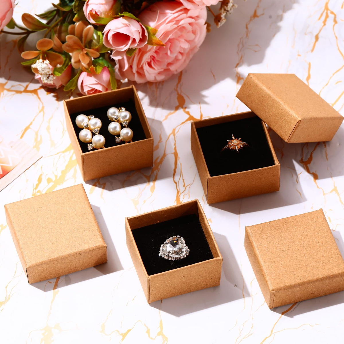 120 Pack Small Ring Boxes - 2x2x1.2 Inches Brown Jewelry Storage Organizer