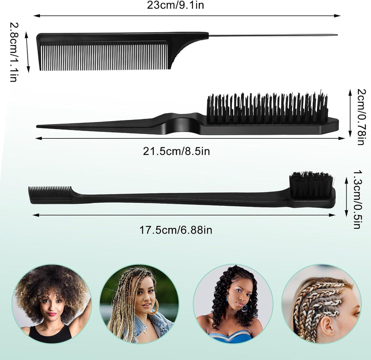 Black Comb Set with Hair Brush, Wide-Tooth Comb & Pick - Styling Kit