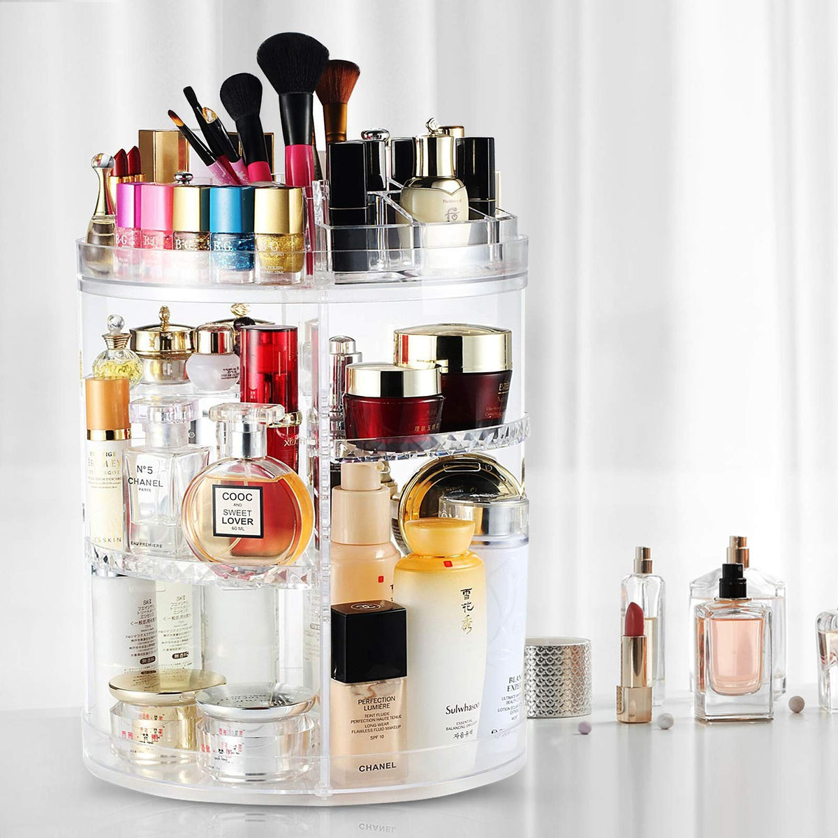 Large 8-Layer Rotating Makeup Organizer Stand - Clear Cosmetic Carousel