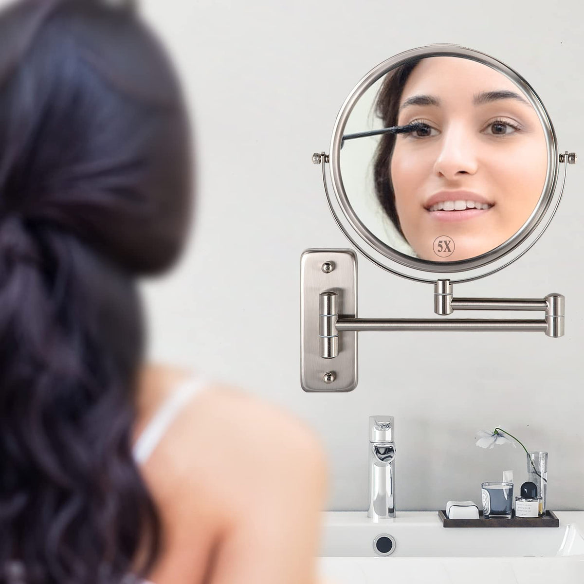 Wall Mounted Makeup Mirror with 1X/5X Magnification - 8 Inch Extendable Double Sided Bathroom Mirror