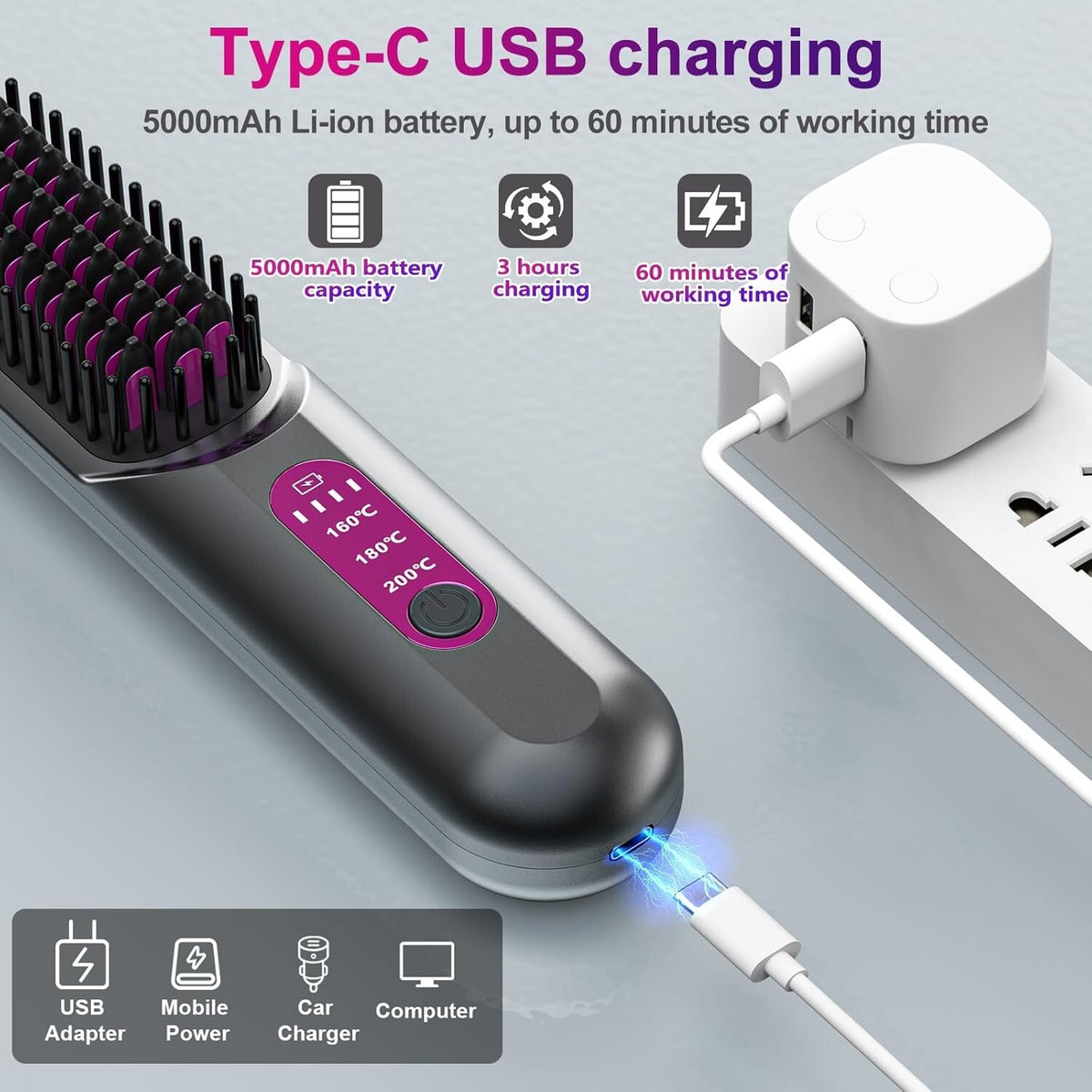 Cordless Hair Straightening Brush with Ion Care - 3 Temp Ceramic Glow