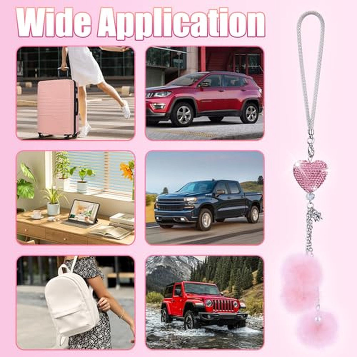 Bling Car Mirror Ornament with Pink Heart and Plush Balls - Car Interior Decor