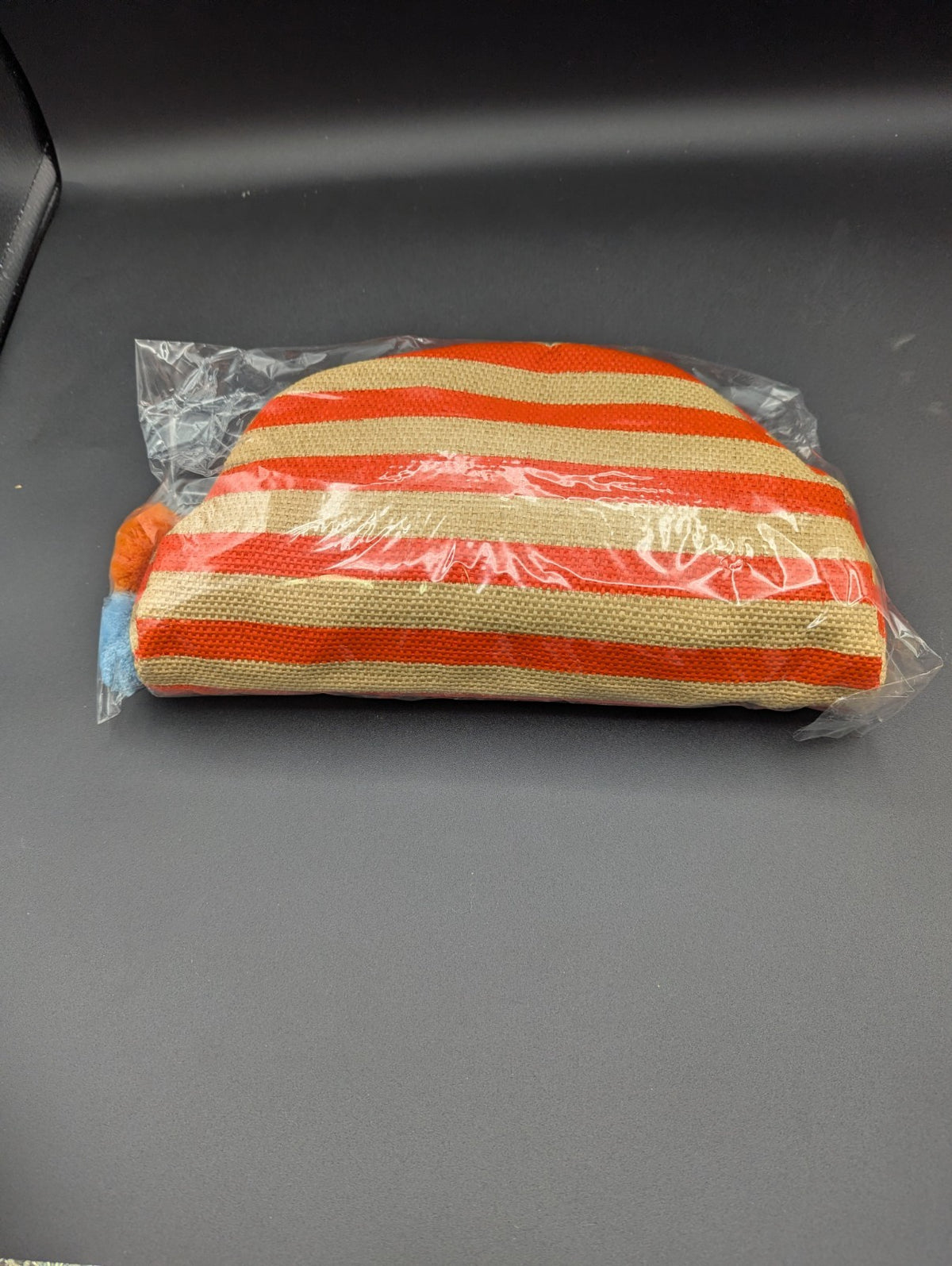 Luxury Cosmetic Bag with Pom Pom Orange Stripe Travel Makeup Purse