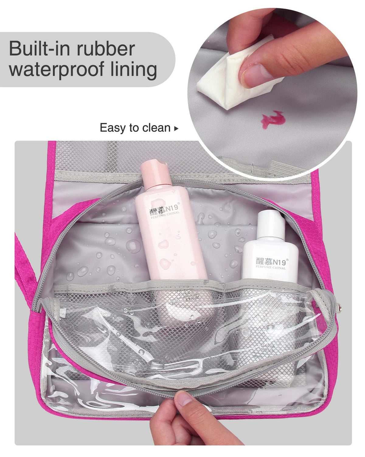 Waterproof Hanging Travel Toiletry Bag with Multiple Compartments - Hot Pink
