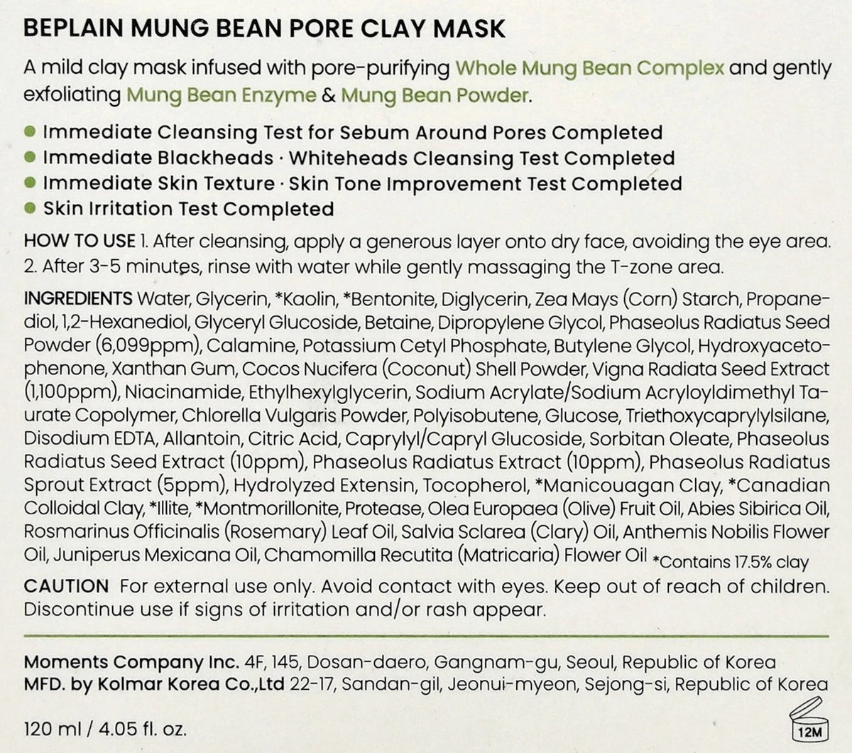 Mung Bean Pore Clay Mask - Deep Cleansing, 120ml