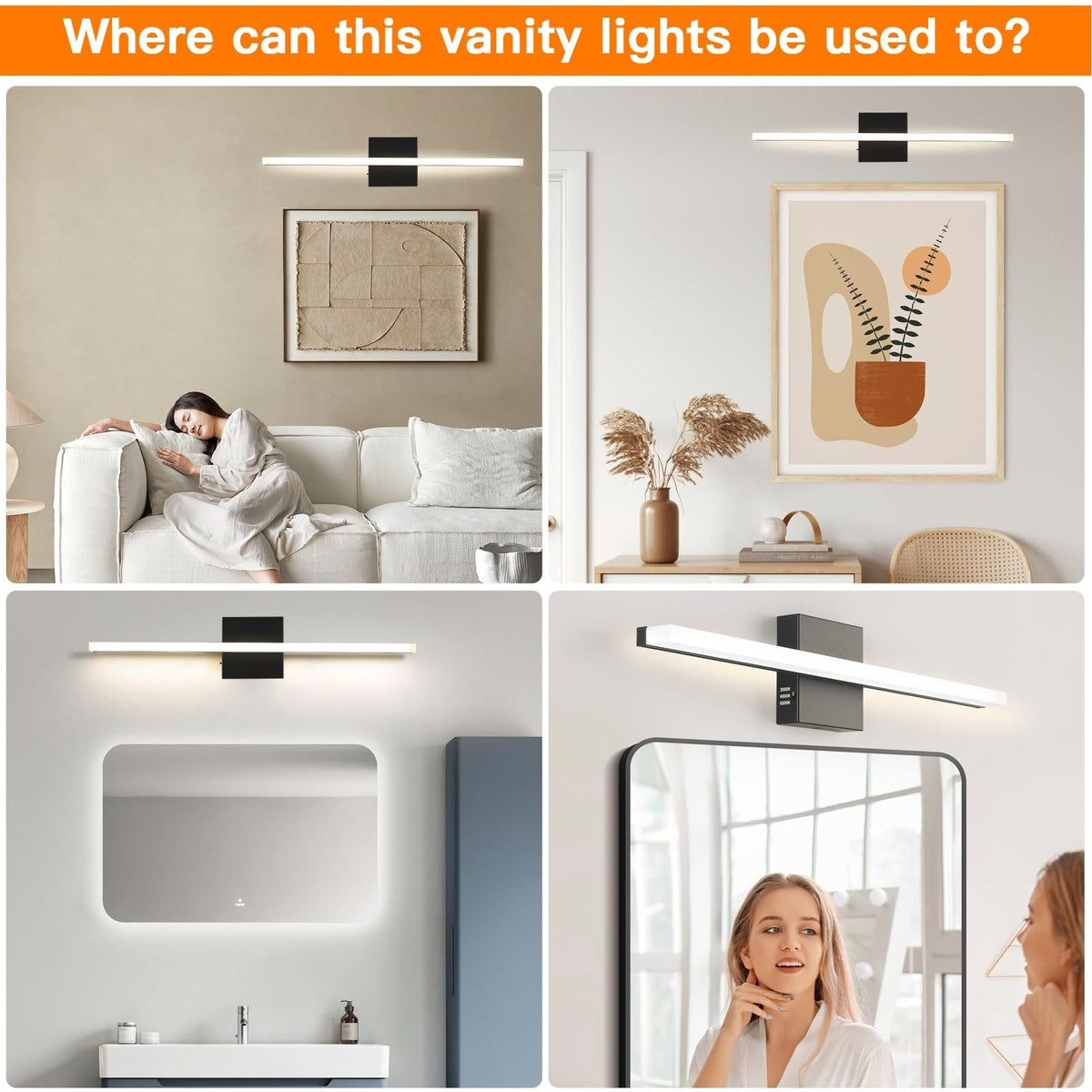 16-Inch LED Bathroom Vanity Light with 3 Color Temperatures - Modern Black Wall Sconce