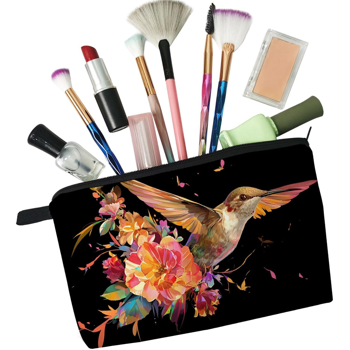 Cute Small Makeup Bag with Floral Hummingbird Design - Travel Organizer, Gift for Women