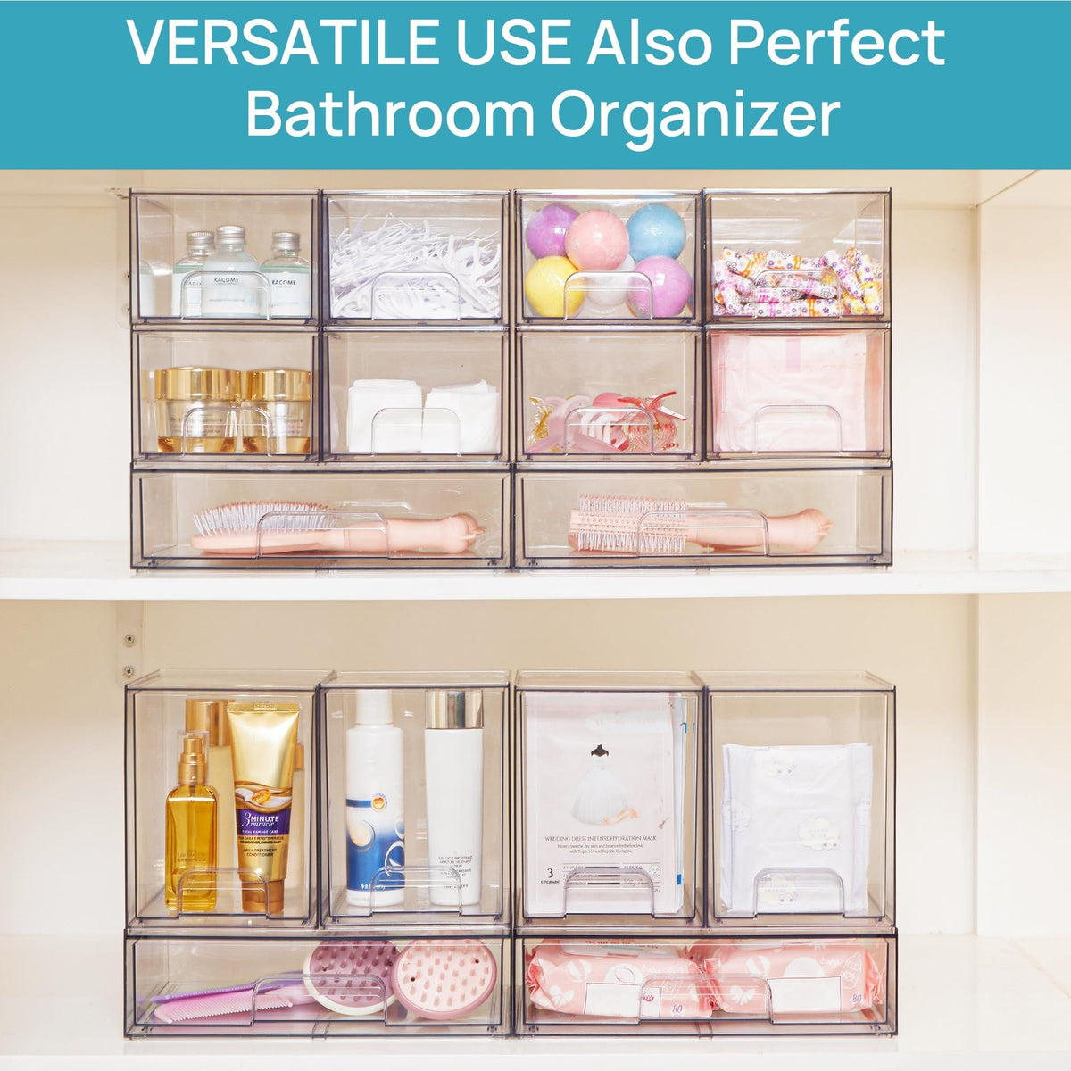 7.6-Inch Clear Stackable Storage Drawers for Skincare & Cosmetics - 4 Pack