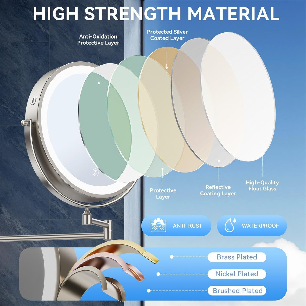 Rechargeable 9-Inch Wall Mounted Lighted Makeup Mirror with 30X Magnification, Dimmable LED, Extendable Arm