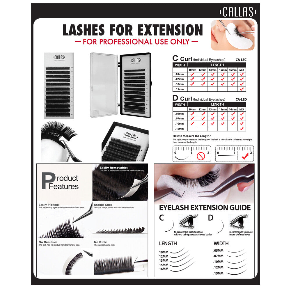 Callas Individual Eyelash Extensions D Curl 0.15mm Thick Mixed Tray of 12 Rows