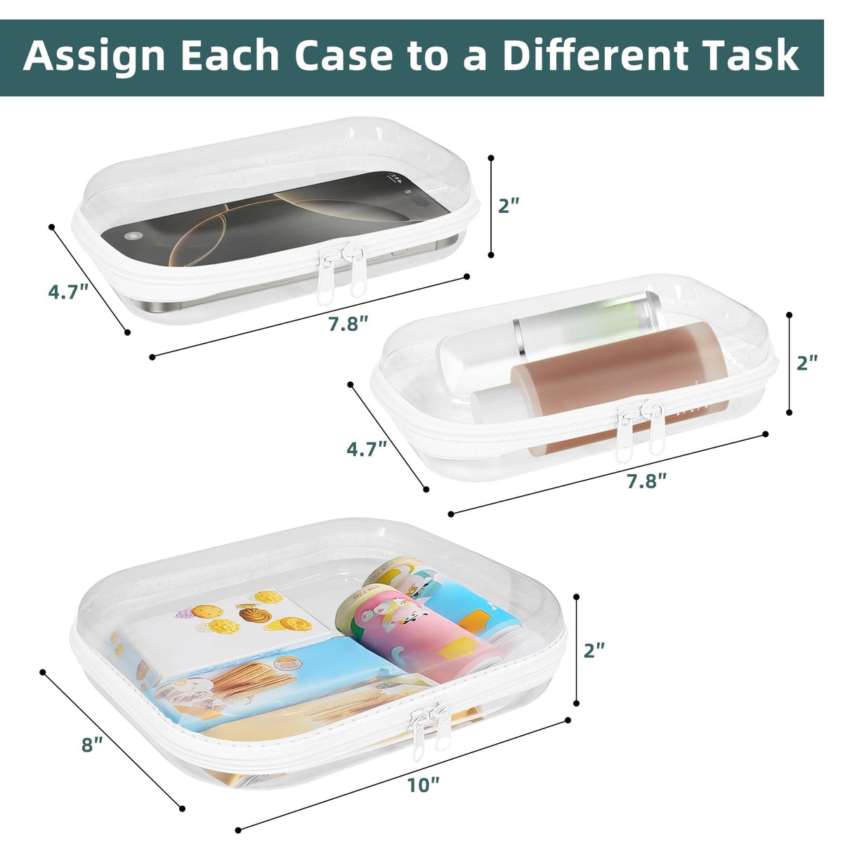 Clear Hard Shell Zipper Cases Set of 3 - Durable Plastic Storage Pouches for Travel & Organization