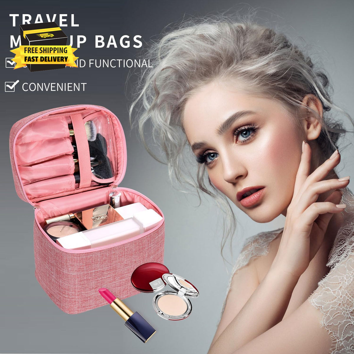 Large Travel Makeup Bag with Mesh Pouch and Organizer - Pink