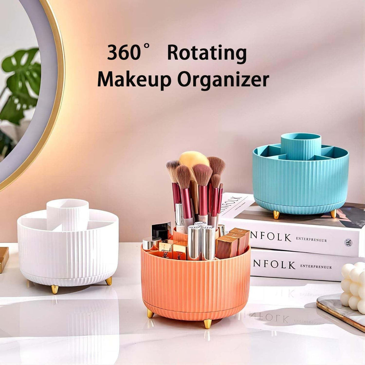 Rotating Makeup Brush Holder with 5 Slots - Large Capacity Organizer