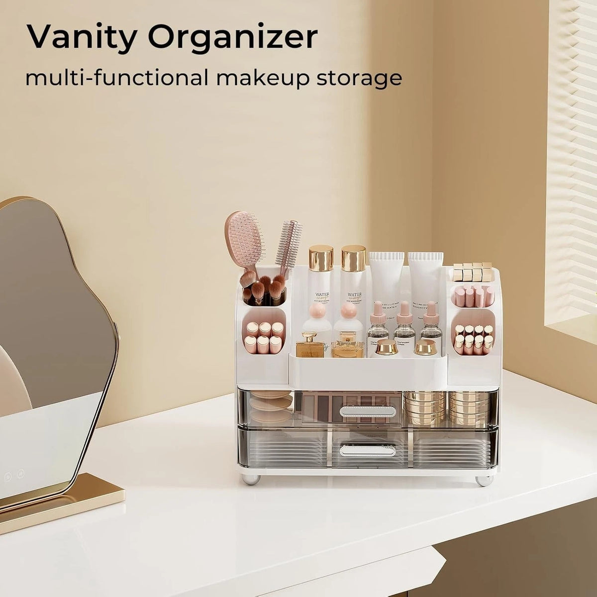 Makeup Organizer with 2 Large Drawers and Brush Holders - Vanity Storage Case