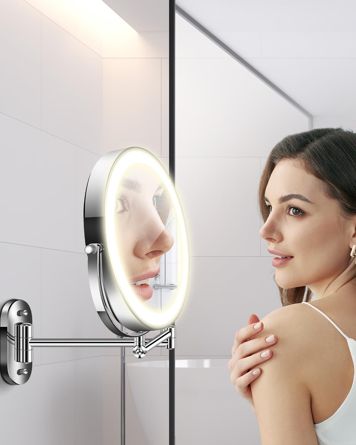 9-Inch Wall Mounted Makeup Mirror with LED Lights, 20X Magnification, Rechargeable & Adjustable Arm