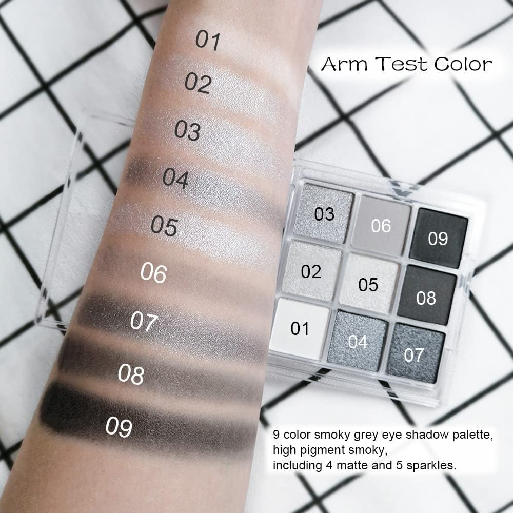Black Smokey Silver Glitter Eyeshadow Palette - 9 Cool Tones, Waterproof & Long-Lasting