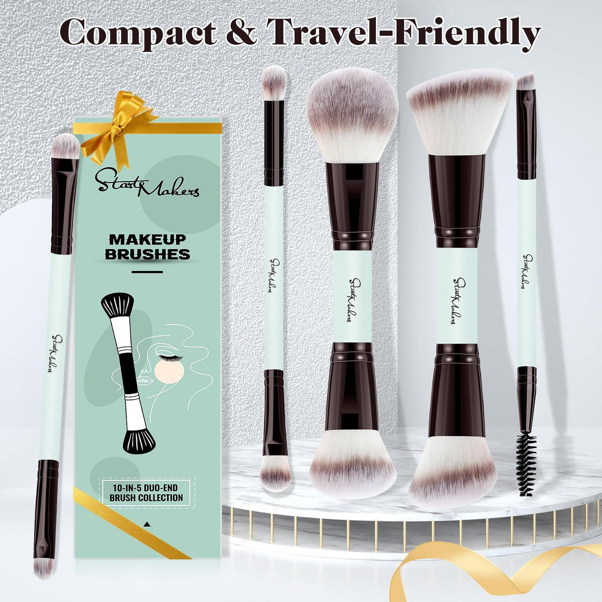 Dual-End Makeup Brush Set - 5 Pcs, Synthetic Bristles, Portable for Foundation, Eyeshadow, Blush
