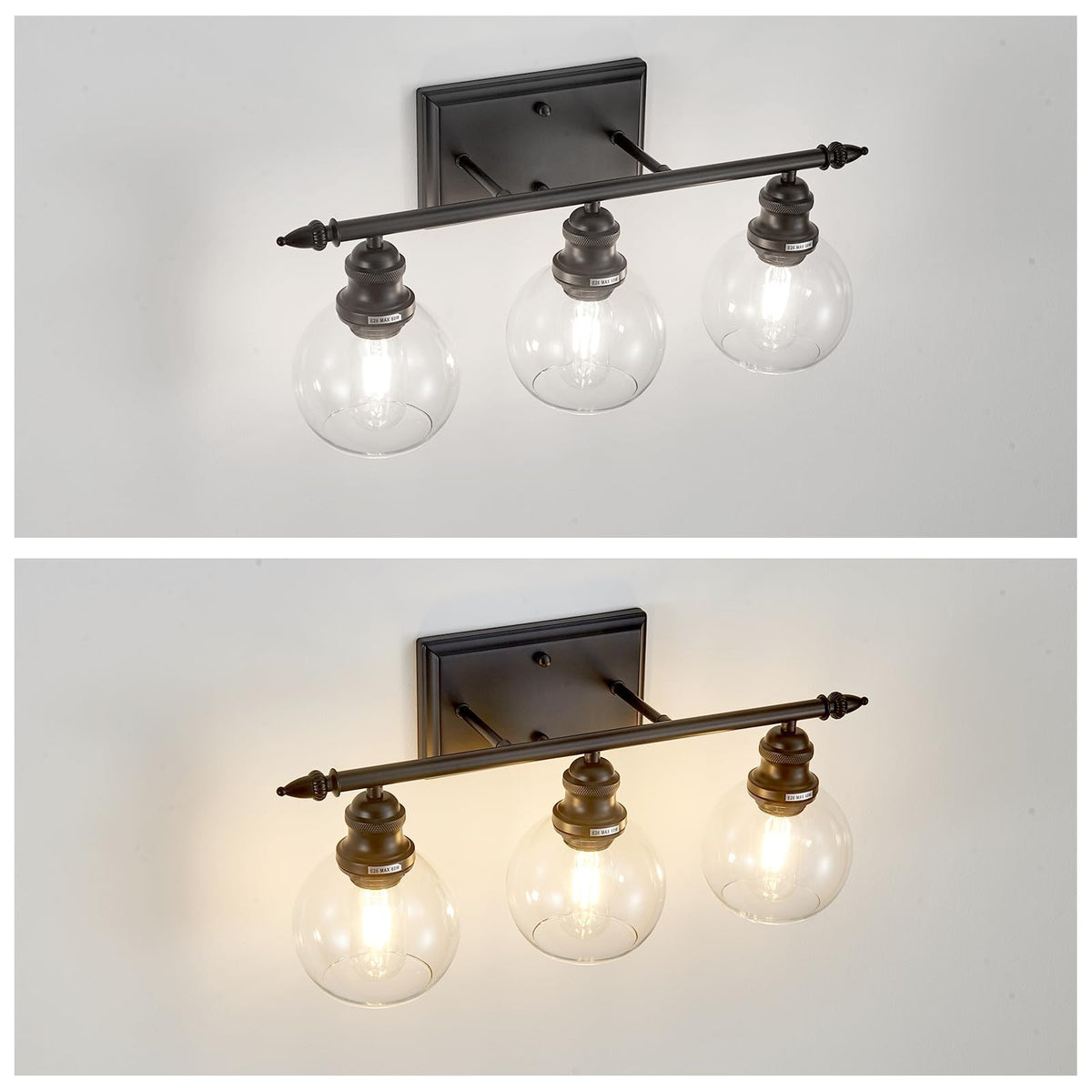 3-Light Matte Black Bathroom Vanity Light Fixture with Glass Globes - Modern Wall Sconce