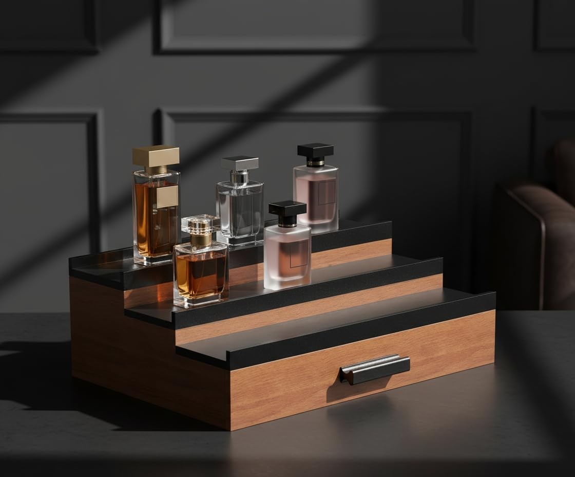Men's Cologne Organizer with Drawer and Hidden Storage - Black Wood Stand